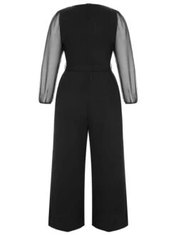 [Plus Size] Black 1930s Mesh Lantern Sleeve Belted Jumpsuit -Women's Fashion Sales SCHL003357 B 1 4 compressed