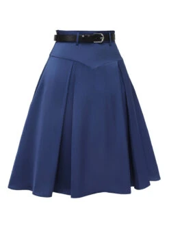 Dark Blue 1950s Solid High-Waist Pleated Skirt 11 Dark Blue 1950s Solid High-Waist Pleated Skirt -Women's Fashion Sales SCHL003376 2