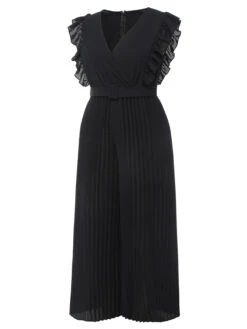 [Plus Size] Black 1930s Ruffle V-Neck Pleated Jumpsuit -Women's Fashion Sales SCHL003467 B 1 3