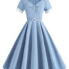 1950s Solid Contrast V-Neck Swing Dress