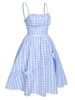 Blue 1950s Spaghetti Strap Plaids Bow Decor Dress -Women's Fashion Sales SCHL003473 2 compressed