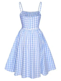 Blue 1950s Spaghetti Strap Plaids Bow Decor Dress -Women's Fashion Sales SCHL003473 3 compressed