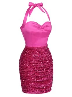 Pink 1960s Halter Sequined Wrap Dress 11 Pink 1960s Halter Sequined Wrap Dress -Women's Fashion Sales SCHL003476 2 compressed