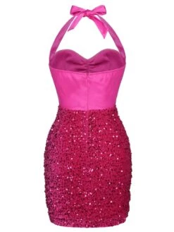 Pink 1960s Halter Sequined Wrap Dress 12 Pink 1960s Halter Sequined Wrap Dress -Women's Fashion Sales SCHL003476 3 compressed