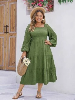 [Plus Size] Green 1950s Square Neck Solid Dress -Women's Fashion Sales SCHL003506 G 4 compressed