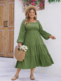 [Plus Size] Green 1950s Square Neck Solid Dress -Women's Fashion Sales SCHL003506 G 5 compressed
