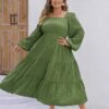 [Plus Size] Green 1950s Square Neck Solid Dress -Women's Fashion Sales SCHL003506 G compressed
