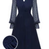 Dark Blue 1960s Jacquard V-Neck Bishop Sleeve Dress -Women's Fashion Sales SCHL003522 RBL 01 1