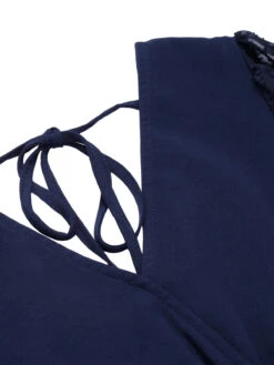 Dark Blue 1960s Jacquard V-Neck Bishop Sleeve Dress 13 Dark Blue 1960s Jacquard V-Neck Bishop Sleeve Dress -Women's Fashion Sales SCHL003522 RBL 01 5