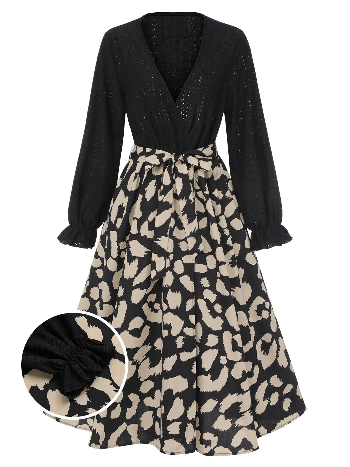 Black 1950s Leopard V-Neck Patchwork Dress