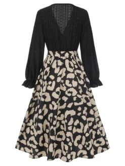 Black 1950s Leopard V-Neck Patchwork Dress -Women's Fashion Sales SCHL003551 3