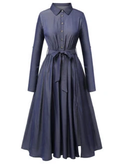 Blue 1940s Solid Shirt Collar Belt Dress -Women's Fashion Sales SCHL003552 1