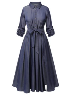 Blue 1940s Solid Shirt Collar Belt Dress -Women's Fashion Sales SCHL003552 2