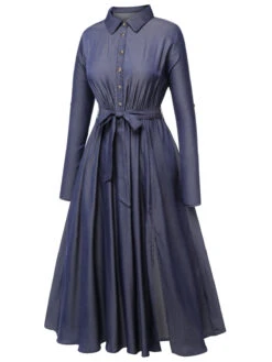 Blue 1940s Solid Shirt Collar Belt Dress -Women's Fashion Sales SCHL003552 3