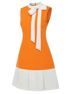 Orange 1960s Crew Bowknot Sleeveless Dress -Women's Fashion Sales SCHL003564 2 compressed