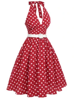 Red 1950s Polka Dot Halter Dress -Women's Fashion Sales SCHL003568 2