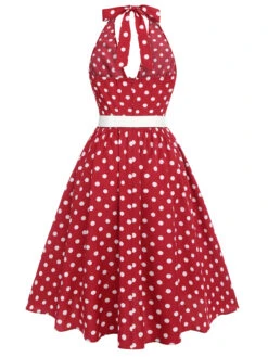 Red 1950s Polka Dot Halter Dress -Women's Fashion Sales SCHL003568 3