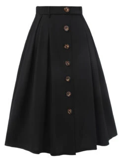 Black 1950s High-Waist Buttons A-Line Skirt -Women's Fashion Sales SCHL003614 2