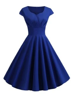 1950s Solid Heart Neck Short Sleeve Dress -Women's Fashion Sales SCHL003639 BL 1