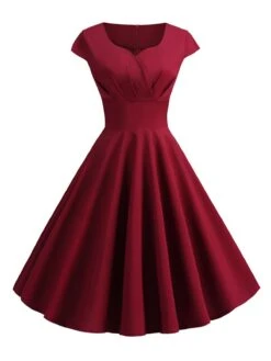 1950s Solid Heart Neck Short Sleeve Dress -Women's Fashion Sales SCHL003639 DER 1