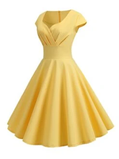 1950s Solid Heart Neck Short Sleeve Dress -Women's Fashion Sales SCHL003639 Y 2