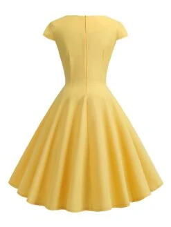 1950s Solid Heart Neck Short Sleeve Dress -Women's Fashion Sales SCHL003639 Y 3