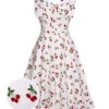 White 1950s Cherry Bow Sweetheart Neck Dress -Women's Fashion Sales SCHL003660 01