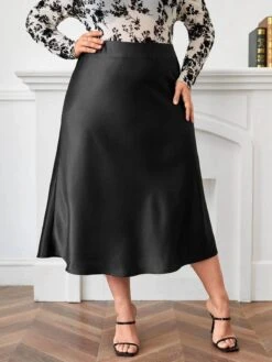 [Plus Size] Black 1950s A-Line Satin Skirt