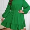 [Plus Size] Green 1940s Bell Sleeves Ruffled Hem Dress -Women's Fashion Sales SCHL003669 G 1