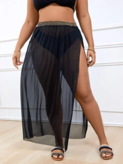 [Plus Size] Black 1950s Solid Slit Skirt Cover-up -Women's Fashion Sales SCHL003696 B 1 2