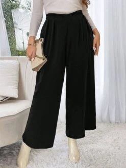 [Plus Size] Black 1940s Solid Pleated Waist Straight Pants -Women's Fashion Sales SCHL003719 B 3