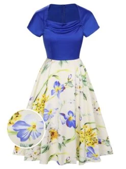 1950s Flowers Cowl Neck Patchwork Dress