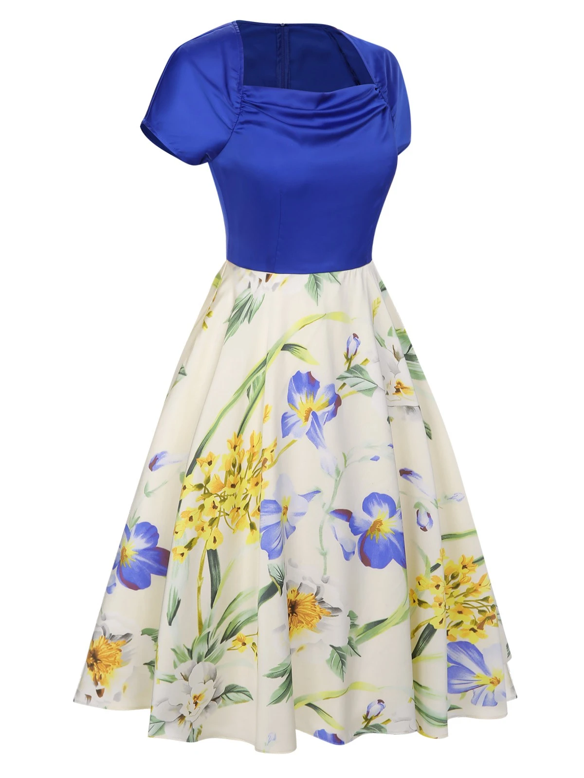1950s Flowers Cowl Neck Patchwork Dress 5 1950s Flowers Cowl Neck Patchwork Dress - Image 3