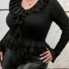 [Plus Size] Black 1950s Solid Ruffle V-Neck Blouse -Women's Fashion Sales SCHL003750 B 1