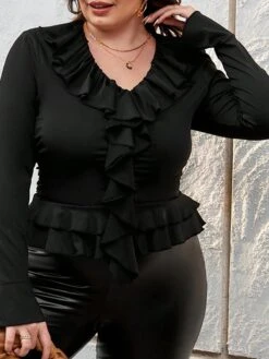 [Plus Size] Black 1950s Solid Ruffle V-Neck Blouse -Women's Fashion Sales SCHL003750 B 4