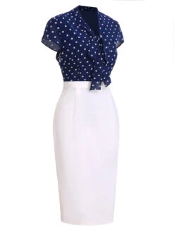 Blue & White 1960s Polka Dot Cap Sleeve Dress -Women's Fashion Sales SCHL003759 2