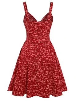 Red 1950s Spaghetti Strap Heart Print Dress -Women's Fashion Sales SCHL003762 3 compressed