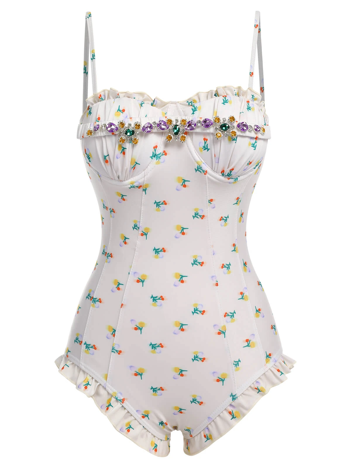 2PCS Beige 1950s Floral One-Piece Swimsuit & Skirt 5 2PCS Beige 1950s Floral One-Piece Swimsuit & Skirt - Image 3