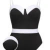 [Plus Size] Black & White 1950s Patchwork Strap Swimsuit