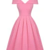 Pink 1950s Cold Shoulder Solid Dress -Women's Fashion Sales SCHL003807 P 1 1