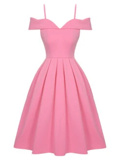 Pink 1950s Cold Shoulder Solid Dress