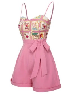 Pink 1950s Cartoon Pattern Spaghetti Strap Romper -Women's Fashion Sales SCHL003814 2