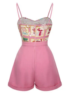 Pink 1950s Cartoon Pattern Spaghetti Strap Romper -Women's Fashion Sales SCHL003814 3