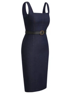 Blue 1960s Solid Square Neck Cowboy Dress 11 Blue 1960s Solid Square Neck Cowboy Dress -Women's Fashion Sales SCHL003852 BL 01 3