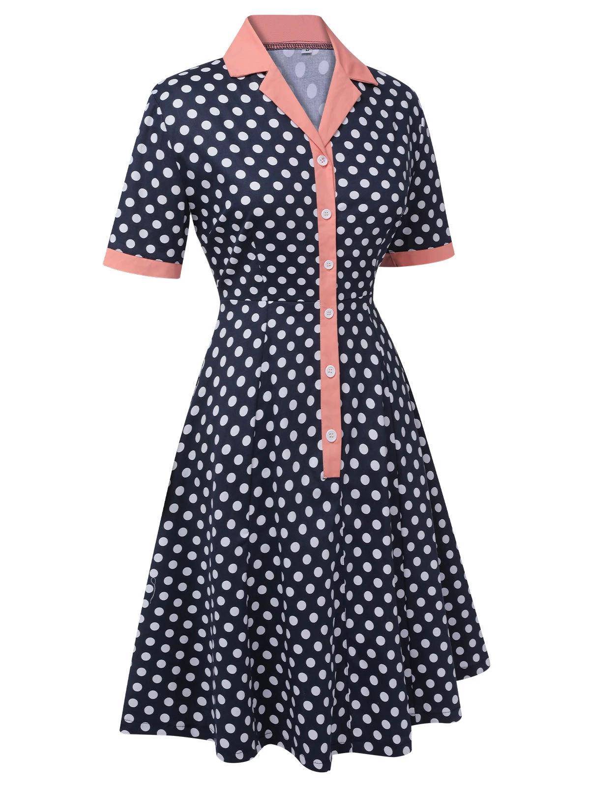 Dark Blue 1950s Polka Dot Lapel Dress 4 Dark Blue 1950s Polka Dot Lapel Dress - Image 2