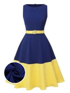 [Pre-Sale] Dark Blue & Yellow 1950s Solid Boat Neck Dress
