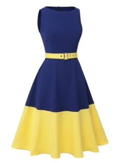 [Pre-Sale] Dark Blue & Yellow 1950s Solid Boat Neck Dress -Women's Fashion Sales SCHL003994 2