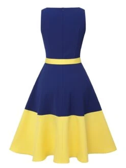 [Pre-Sale] Dark Blue & Yellow 1950s Solid Boat Neck Dress -Women's Fashion Sales SCHL003994 3
