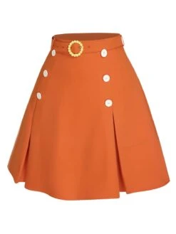 [Pre-Sale] Orange Red 1960s Button Solid Belted Skirt -Women's Fashion Sales SCHL004002 2 compressed