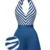 [Pre-Sale] Blue 1940s Symmetrical Stripe V-Neck Halter Romper -Women's Fashion Sales SCHL004006 01